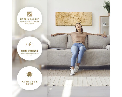 Wohnzimmer mit Frau auf Sofa und Darstellung der Heizeigenschaften der Infrarotheizung.