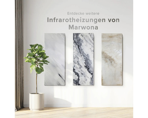 Drei Infrarotheizungen von Marwona mit verschiedenen Designs hängen an einer Wand neben einer Zimmerpflanze.
