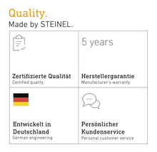 Steinel Qualitätsmerkmale: Zertifizierte Qualität, fünf Jahre Herstellergarantie, deutsche Ingenieurskunst, persönlicher Kundenservice