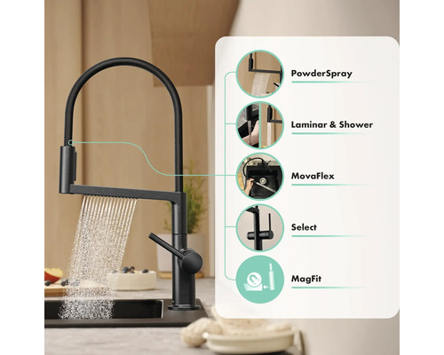 Schwarze Küchenarmatur mit verschiedenen Strahlarten und Funktionen wie PowderSpray, Laminar & Shower, MovaFlex, Select und MagFit.