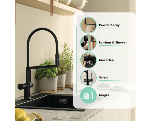 Küchenarmatur mit verschiedenen Funktionen: PowderSpray, Laminar & Shower, MovaFlex, Select und MagFit