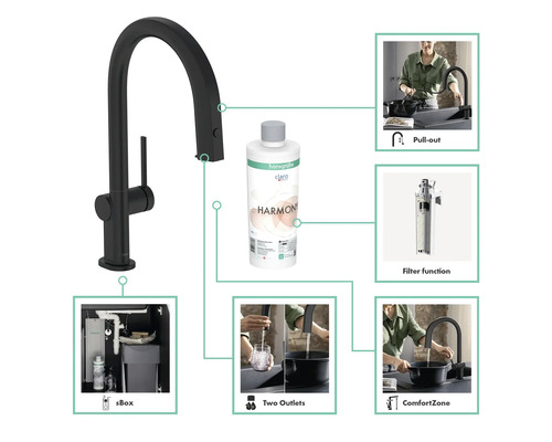 Küchenarmatur mit Filterfunktion, ausziehbarer Brause und sBox
