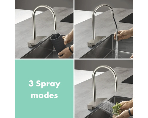 Küchenarmatur mit drei Strahlarten in verschiedenen Anwendungen