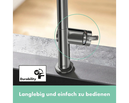 Küchenarmatur aus Metall mit Bedienungsanleitung und Durability Symbol