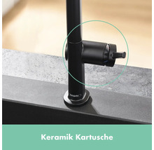 Hansgrohe Logo auf schwarzer Küchenarmatur mit Keramikkartusche