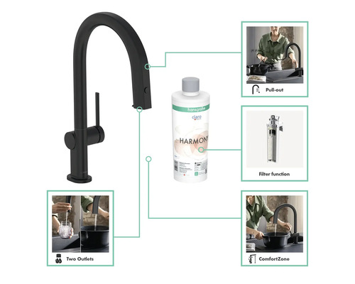 Schwarze Küchenarmatur mit Wasserfilter und verschiedenen Funktionen.