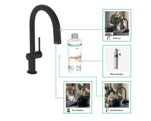 Schwarze Küchenarmatur mit Ausziehfunktion, Filter und zwei Auslässen sowie einer Flasche Hansgrohe Claro Harmony