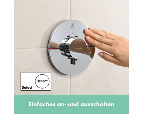 Hansgrohe Unterputz Thermostatarmatur mit Select Bedienung und Hand im Badezimmer