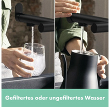 Wasserhahn befüllt Glas und Kessel mit gefiltertem oder ungefiltertem Wasser