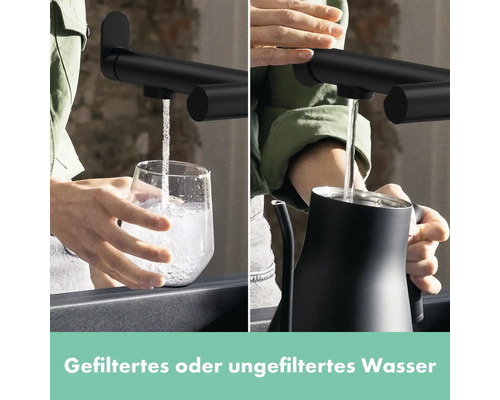 Wasserhahn befüllt Glas und Kessel mit gefiltertem oder ungefiltertem Wasser