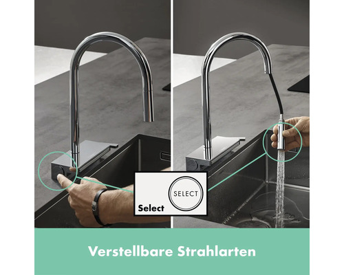 Küchenarmatur mit verstellbaren Strahlarten im Einsatz