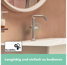 Einhebelmischer auf einem Waschbecken mit Symbol für Langlebigkeit