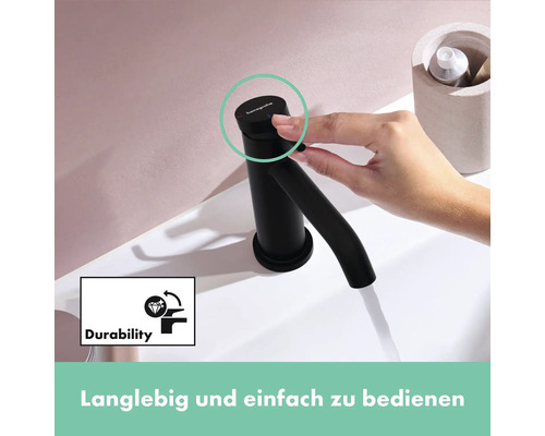 Einhandmischer für Waschtisch mit Handbetätigung und Symbol für Langlebigkeit