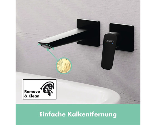 Wandarmatur in einem Badezimmer mit einem Symbol für einfache Kalkentfernung