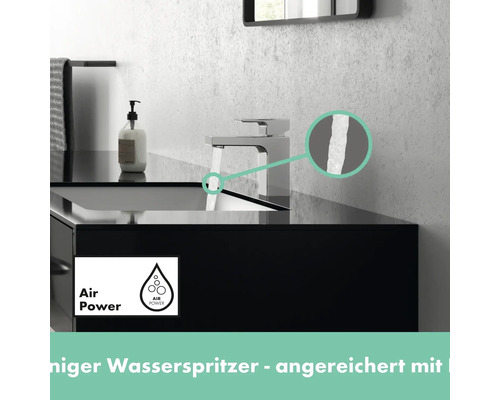 Modernes Badezimmer mit Waschtisch, Armatur und Air Power Logo für geringen Wasserverbrauch