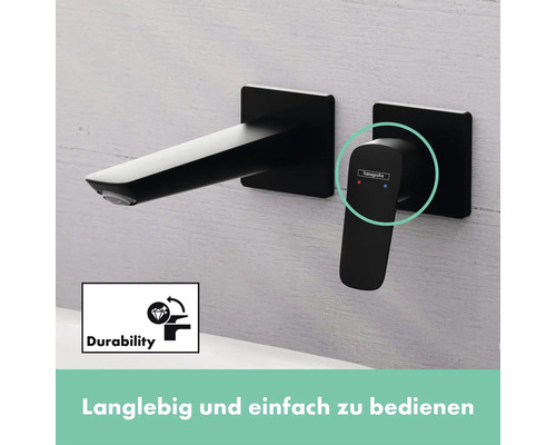 Wandarmatur für Waschtisch mit Hansgrohe Logo und Symbol für Langlebigkeit