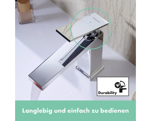 Hansgrohe Logo Armatur mit Wasserdurchlauf und Symbol für lange Lebensdauer