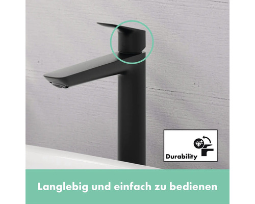 Schwarzer Waschtischmischer mit Haltbarkeitssymbol