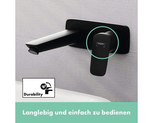 Schwarzer Waschtisch Einhebelmischer zur Wandmontage mit Hansgrohe Logo und Symbol für lange Lebensdauer
