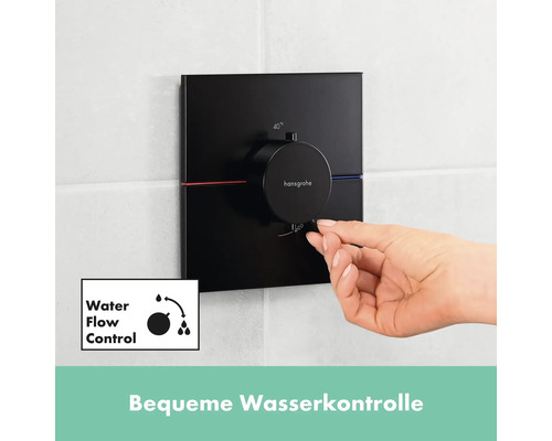 Schwarzer Hansgrohe Unterputz Thermostat mit Wasserflusskontrollsymbol