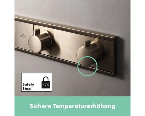 Detaillierte Ansicht einer Duscharmatur mit Sicherheitssperre bei 40 Grad.