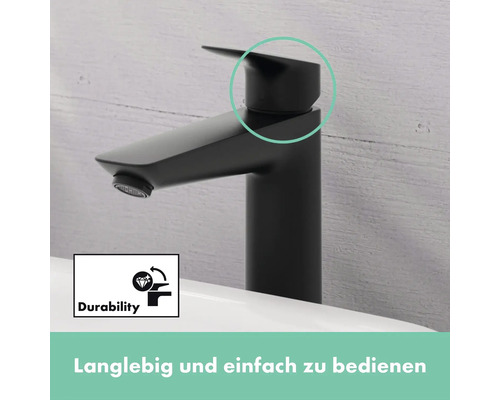 Nahaufnahme einer schwarzen Armatur mit dem Symbol für lange Haltbarkeit