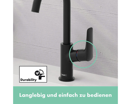 Schwarzer Wasserhahn mit Symbol für Langlebigkeit