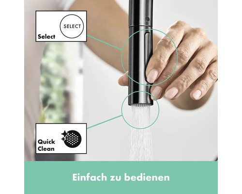 Einfache Bedienung eines Wasserhahns mit Select Funktion und Quick Clean Funktion