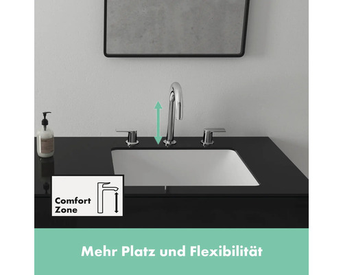 Waschtischarmatur mit Comfort Zone und Waschbecken in einem Badezimmer