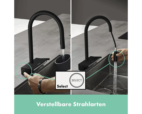 Küchenarmatur mit verstellbaren Strahlarten und Select-Taste.