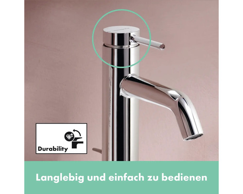 Waschtischarmatur mit seitlichem Bedienhebel und Symbol für Langlebigkeit