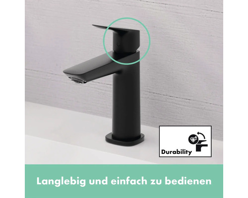 Schwarzer Waschtischmischer mit Durability Symbol