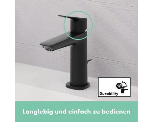 Schwarze Waschtischarmatur mit Einhebelmischer und dem Symbol für Langlebigkeit.