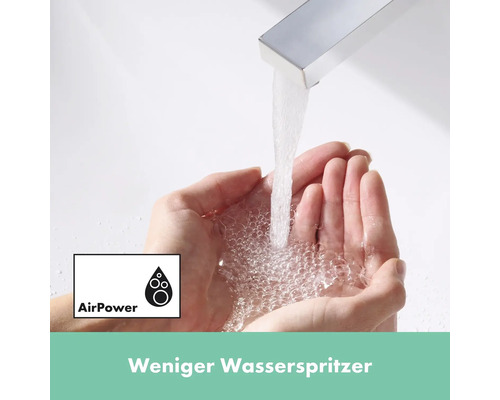 Wasserhahn mit Wasser in Händen und AirPower Symbol