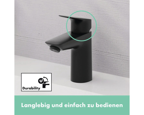 Schwarzer Waschtischmischer mit Durability-Symbol
