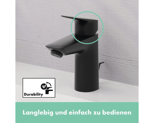 Schwarzer Waschtisch Wasserhahn mit dem Symbol für Langlebigkeit