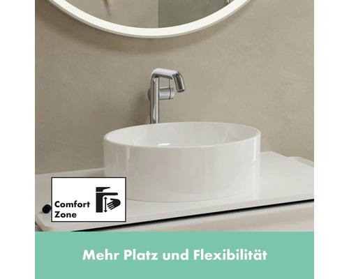 Aufbauwaschbecken aus Keramik mit Armatur und Comfort Zone Symbol