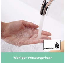 Ein Wasserhahn, aus dem Wasser in eine Hand fließt, mit dem AirPower-Logo, das für einen weichen Wasserstrahl steht.