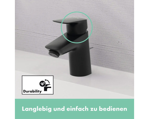 Schwarzer Wasserhahn auf einem Waschbecken mit Durability Symbol