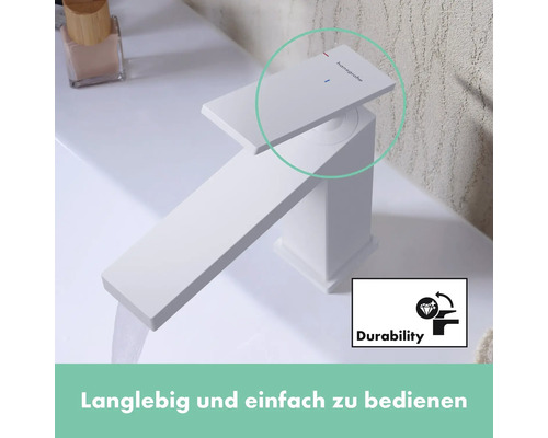 Waschtischarmatur in Weiß mit Wasserdurchfluss und Symbol für Langlebigkeit