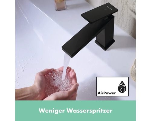 Schwarzer Wasserhahn mit laufendem Wasser und AirPower Symbol
