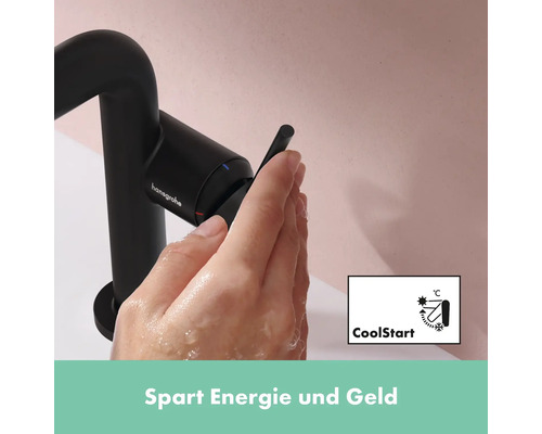 Hansgrohe Logo. Einhandmischer für Waschtisch mit CoolStart-Funktion. Spart Energie und Geld.