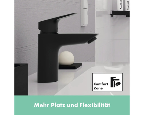 Schwarzer Waschtischmischer mit ComfortZone auf einem Waschtisch