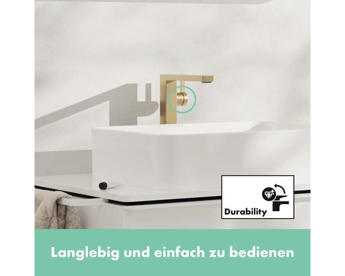 Waschtischarmatur aus Metall mit Waschbecken und Symbol für Langlebigkeit