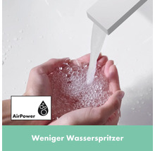Wasserhahn mit Wasser in den Händen und AirPower Symbol