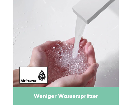 Wasserhahn mit Wasser in den Händen und AirPower Logo