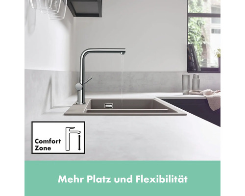 Küchenszene mit Spüle, Wasserhahn und dem Hinweis Komfortzone für mehr Flexibilität.
