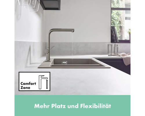 Küchenspüle mit Wasserhahn und Comfort Zone Symbol für mehr Platz und Flexibilität.