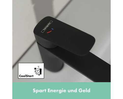 Schwarzer Wasserhahn mit Hansgrohe Logo und CoolStart Symbol