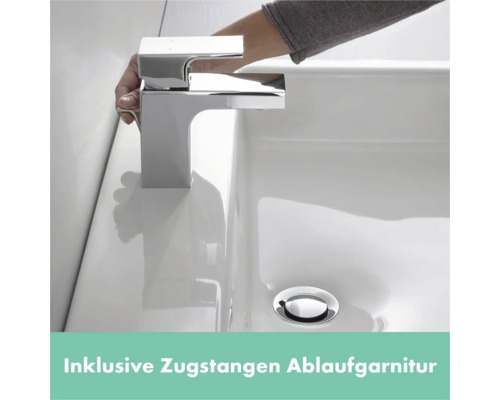 Aufnahme eines Waschbeckens mit Armatur inklusive Zugstangen-Ablaufgarnitur.